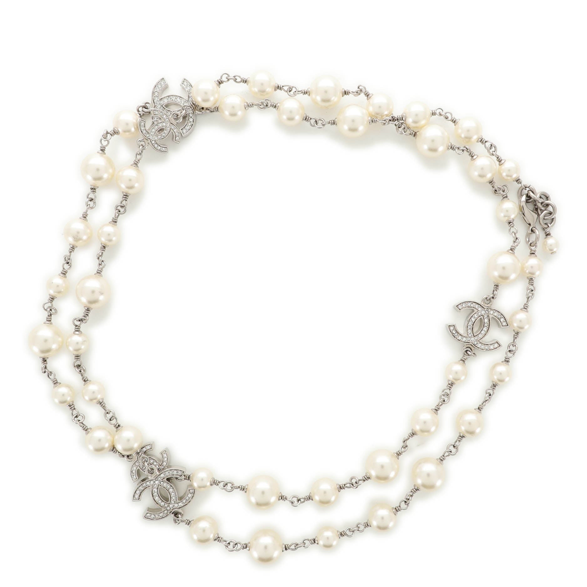 CC Long Necklace Faux Pearls and Crystal Embellished Metal