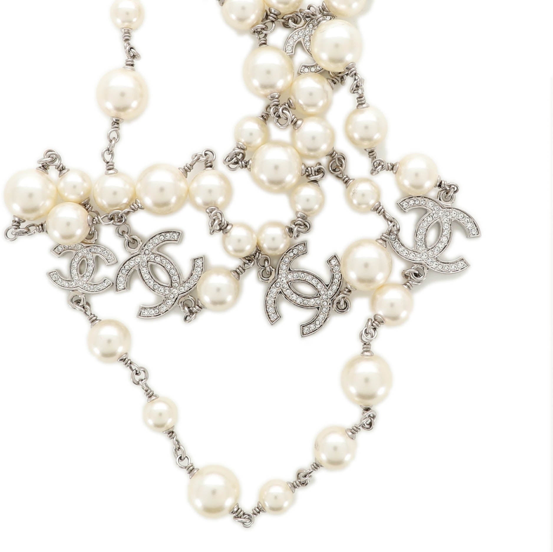 CC Long Necklace Faux Pearls and Crystal Embellished Metal