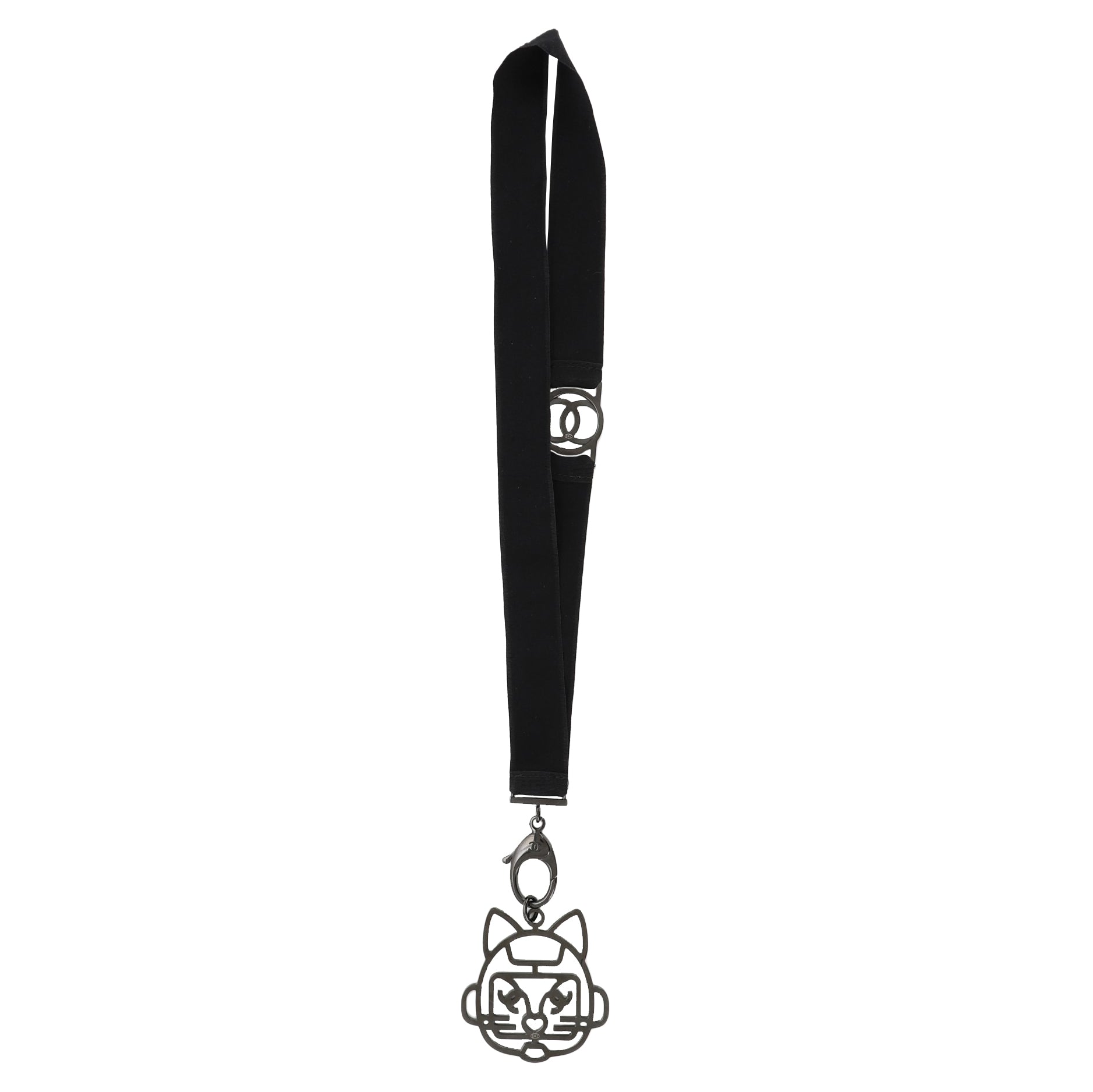 Cat Robot Lanyard Necklace Grosgrain with Crystal Embellished Metal