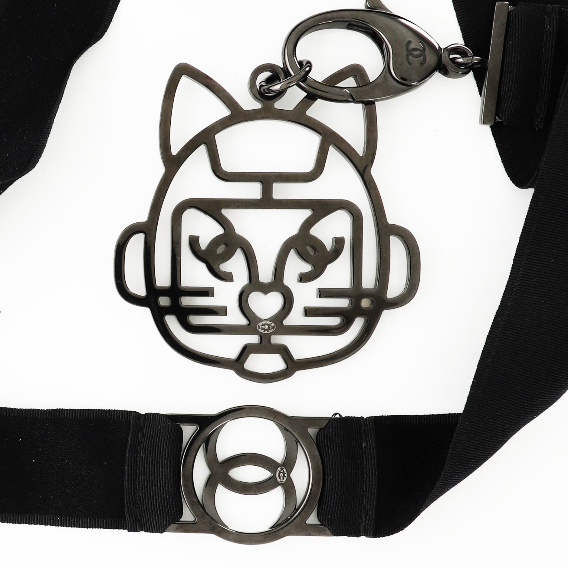 Cat Robot Lanyard Necklace Grosgrain with Crystal Embellished Metal