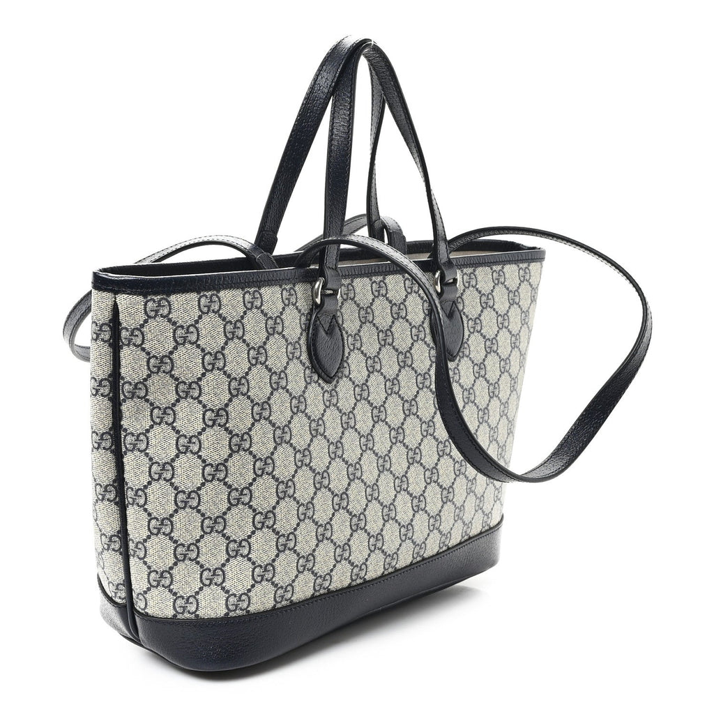 GG Supreme Monogram Textured Dollar Calfskin Medium Shoulder Tote Bag Beige Blue