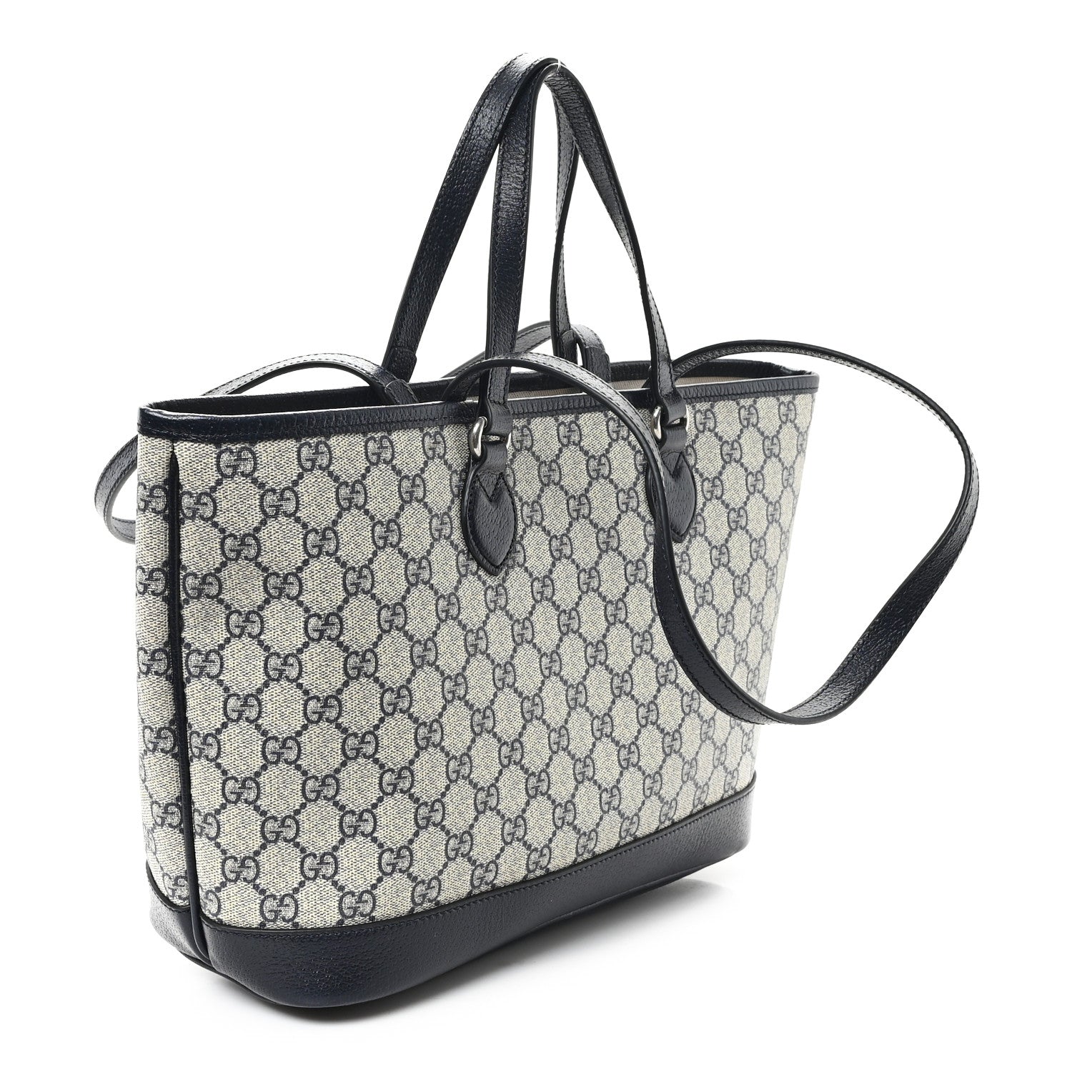 GG Supreme Monogram Textured Dollar Calfskin Medium Shoulder Tote Bag Beige Blue
