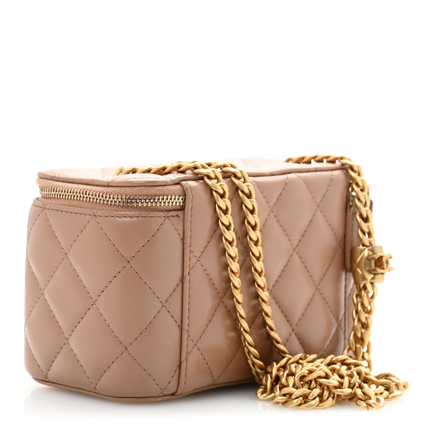 Lambskin Quilted Small Pillow Crush Vanity Case With Chain Beige