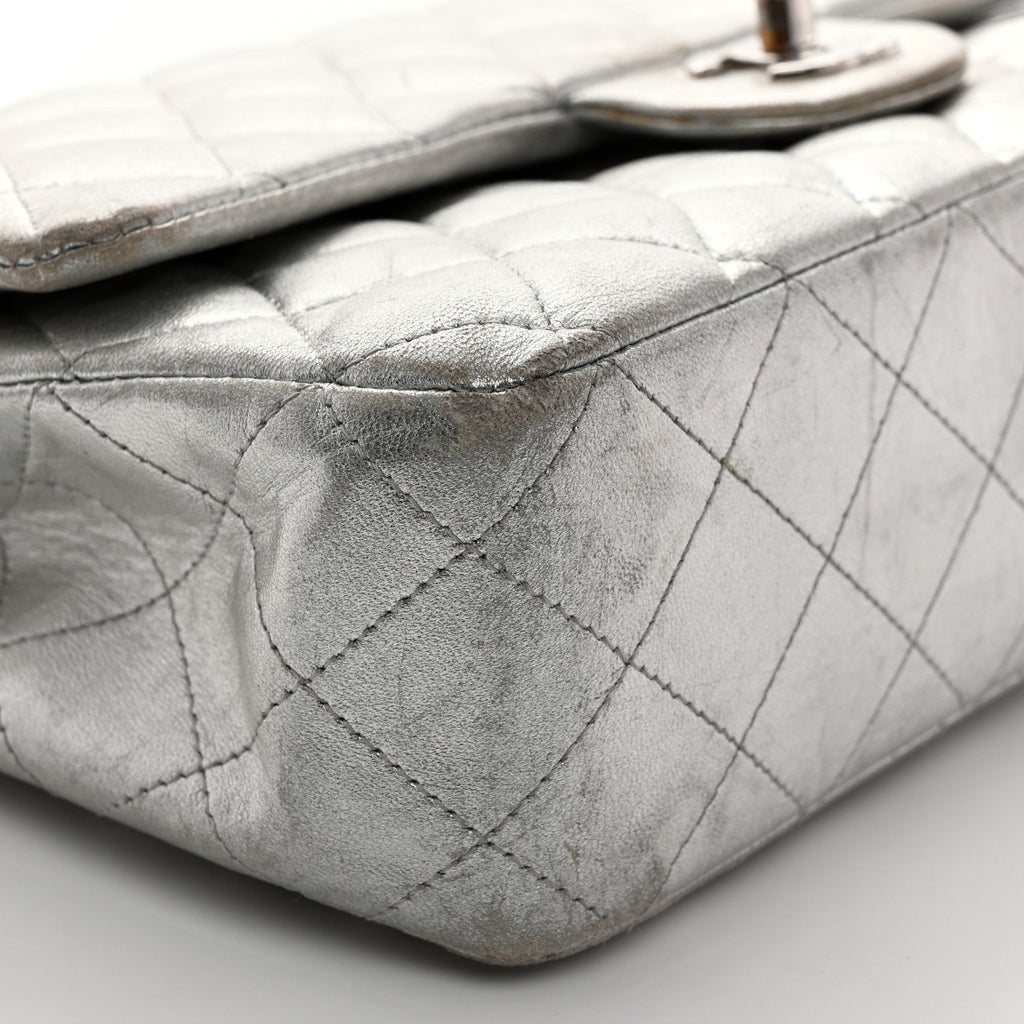 Metallic Lambskin Quilted Medium Double Flap Silver