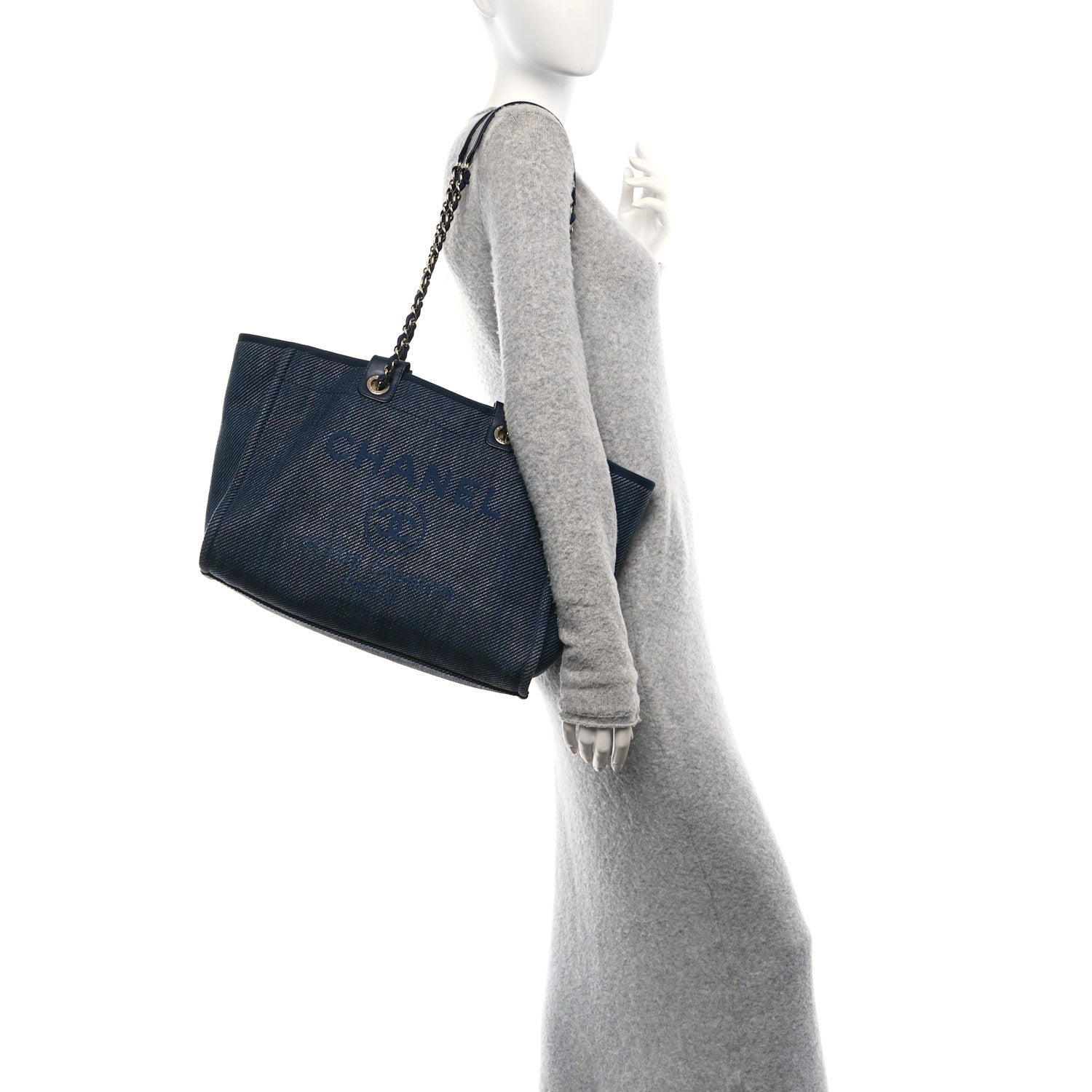 Mixed Fibers Calfskin Medium Deauville Tote Navy Blue