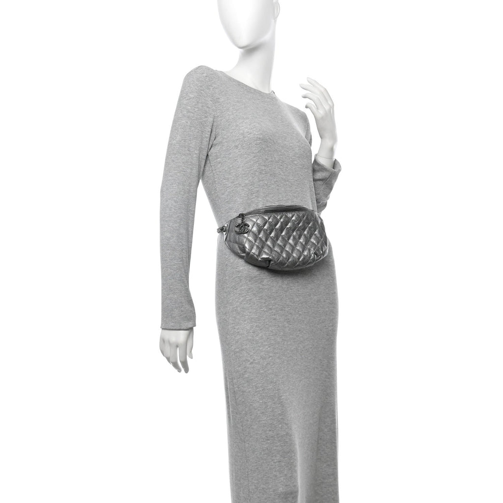 Metallic Calfskin Quilted Banane Waist Bag Fanny Pack Dark Silver