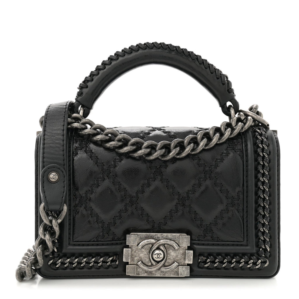 Goatskin Quilted Small Boy Top Handle Flap Black