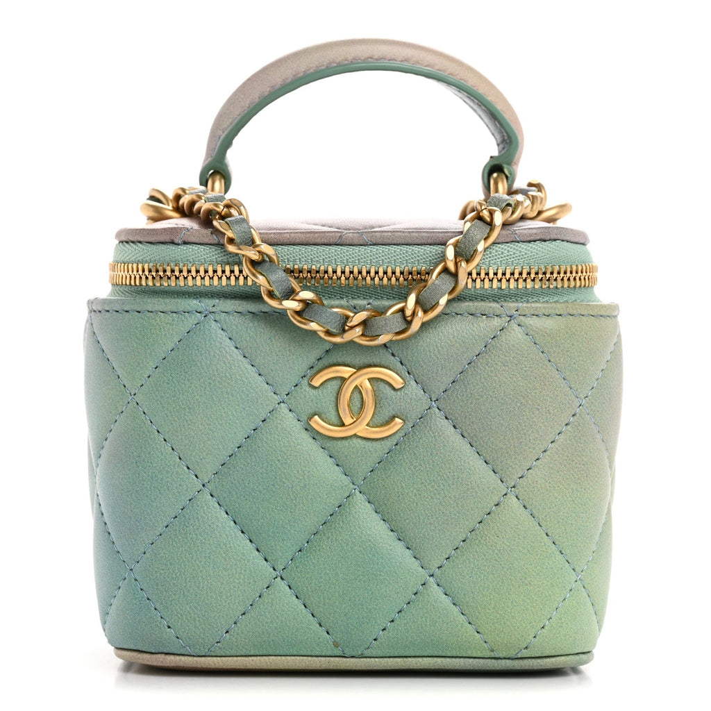 Lambskin Quilted Ombre Top Handle Mini Vanity Case With Chain Blue Green