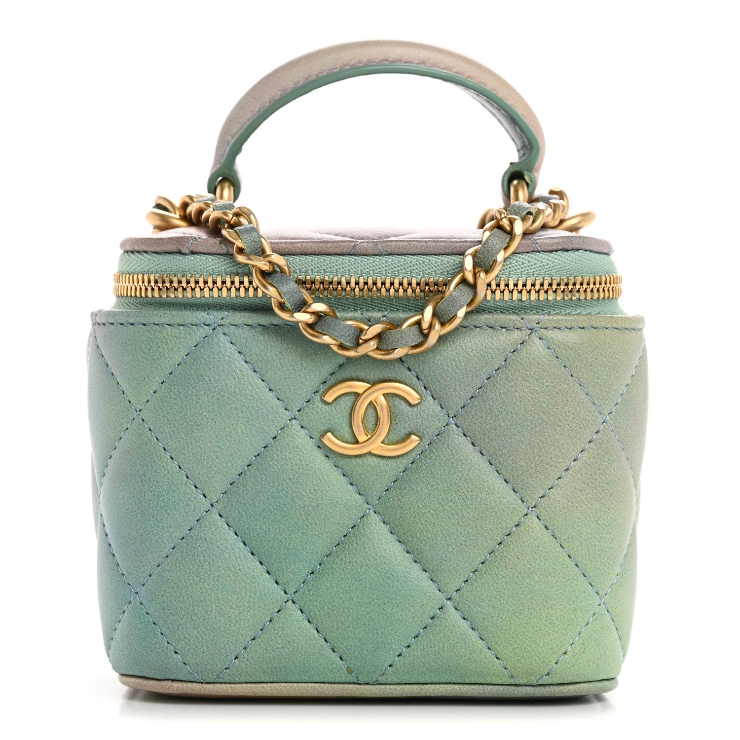 Lambskin Quilted Ombre Top Handle Mini Vanity Case With Chain Blue Green
