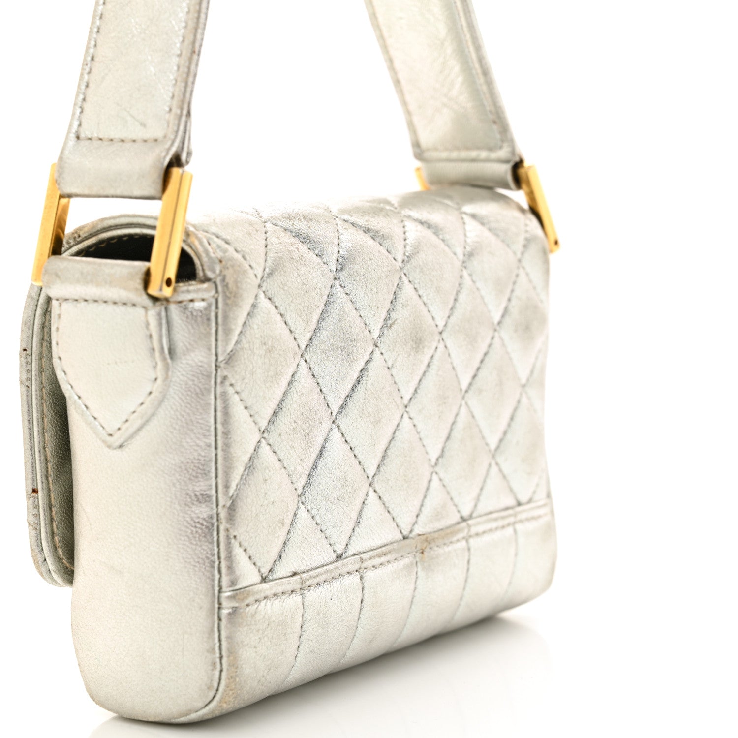 Metallic Goatskin Quilted Square Flap Shoulder Bag Silver