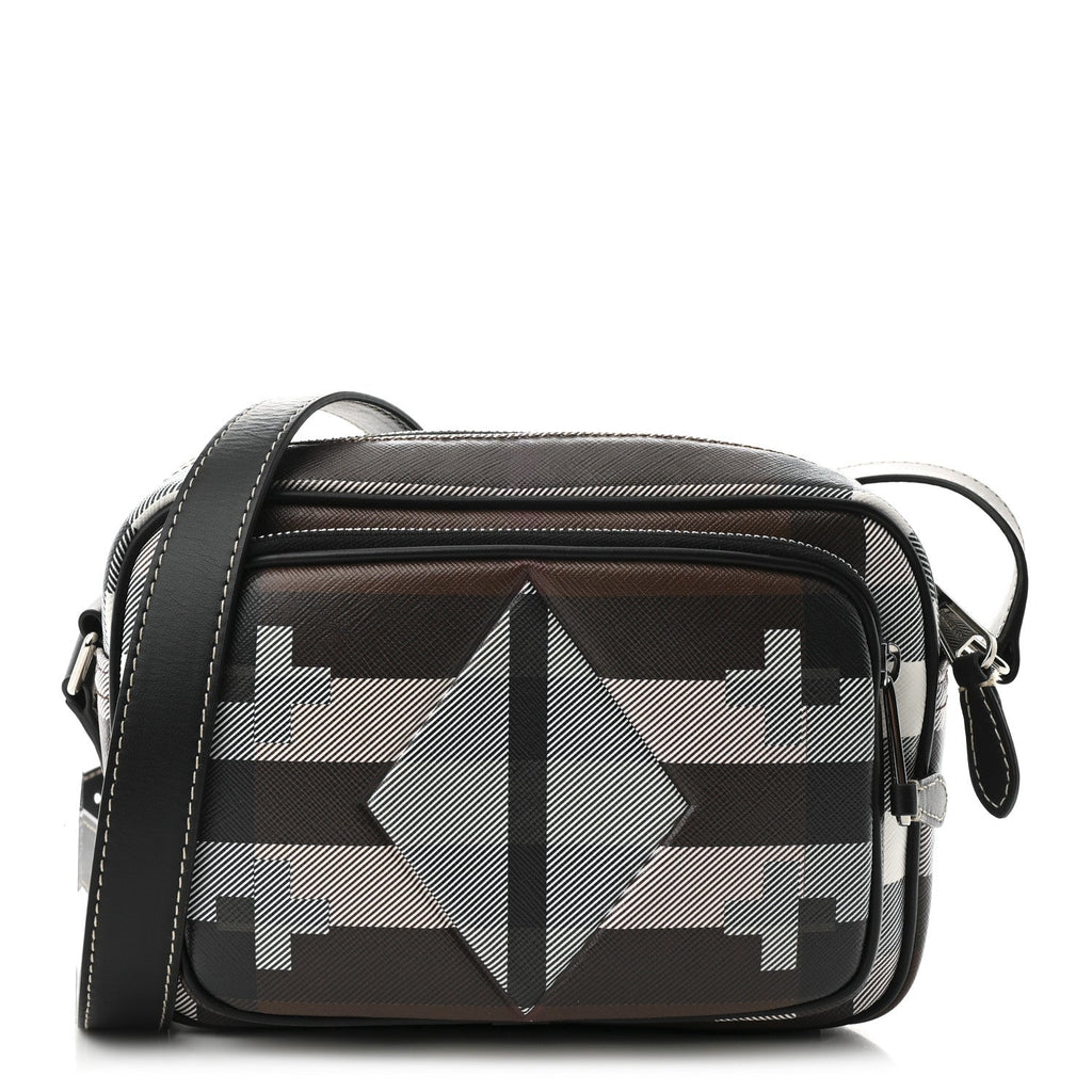 E-Canvas Calfskin Geometric Check Paddy Messenger Dark Birch Brown White