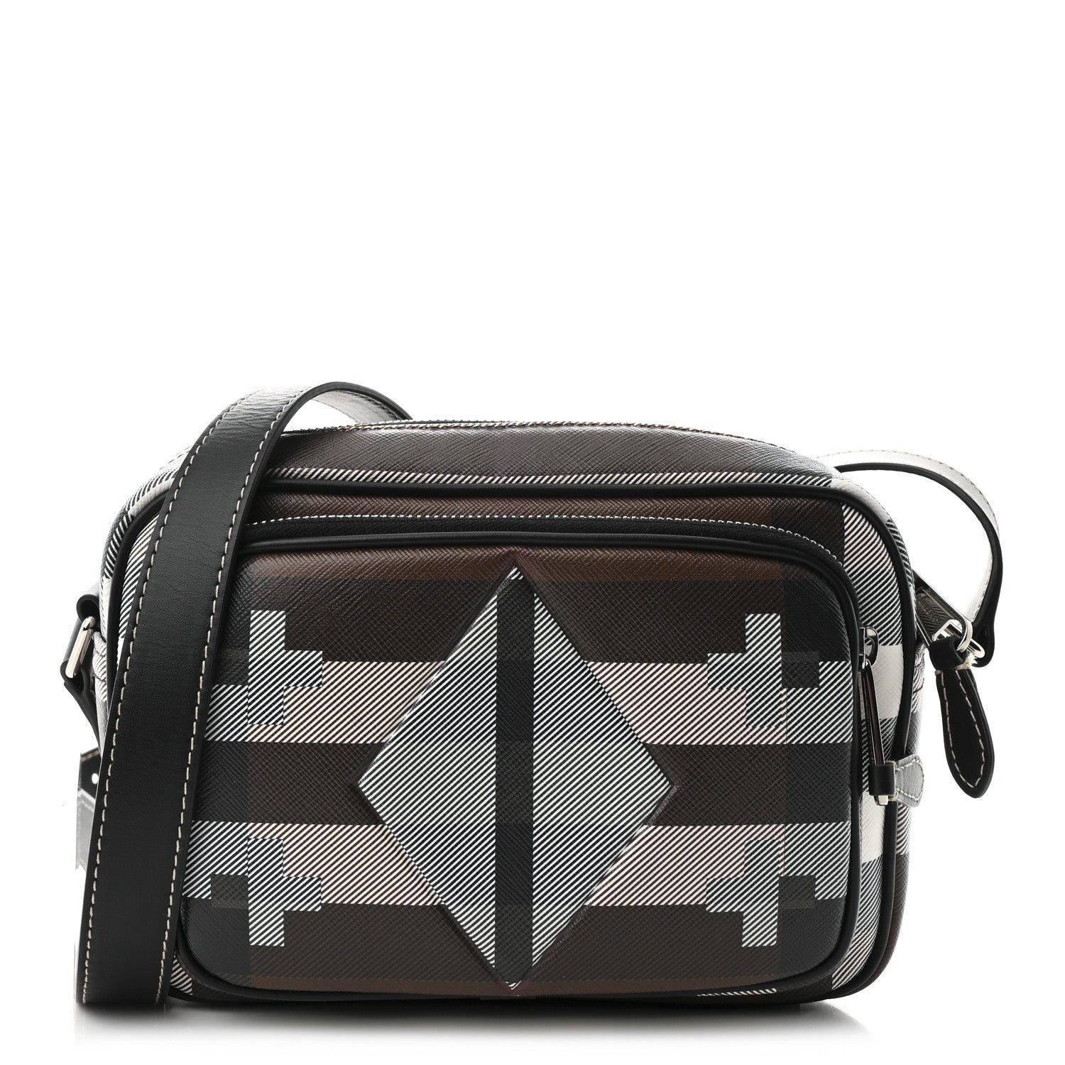 E-Canvas Calfskin Geometric Check Paddy Messenger Dark Birch Brown White