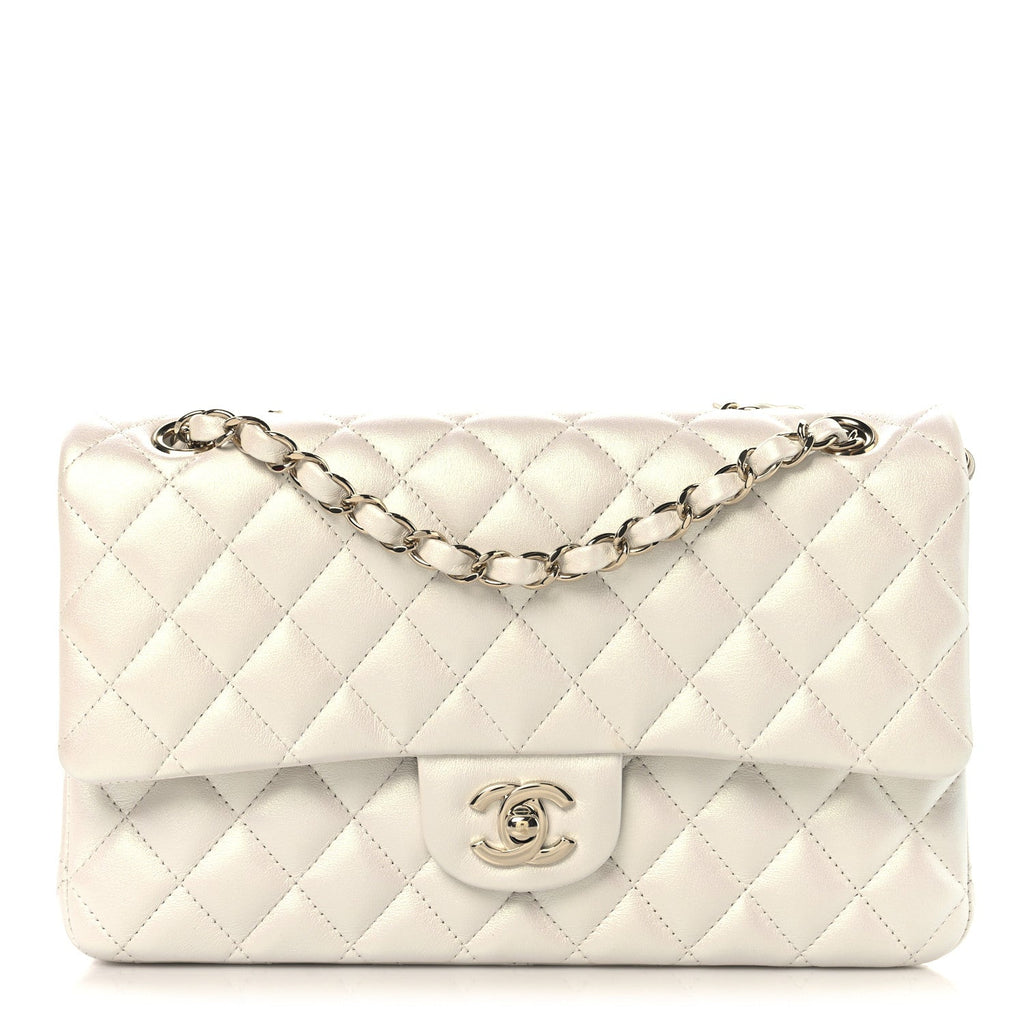 Iridescent Calfskin Quilted Medium Double Flap White