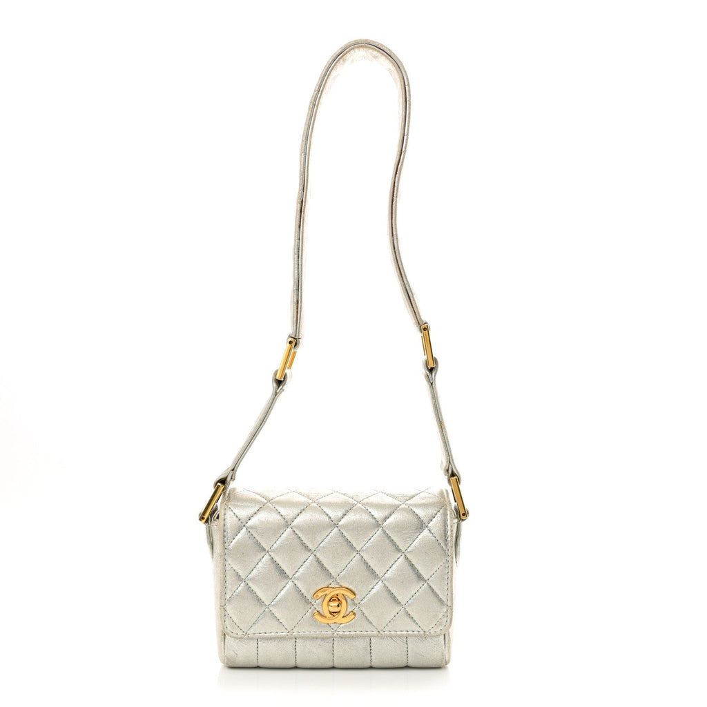 Metallic Goatskin Quilted Square Flap Shoulder Bag Silver