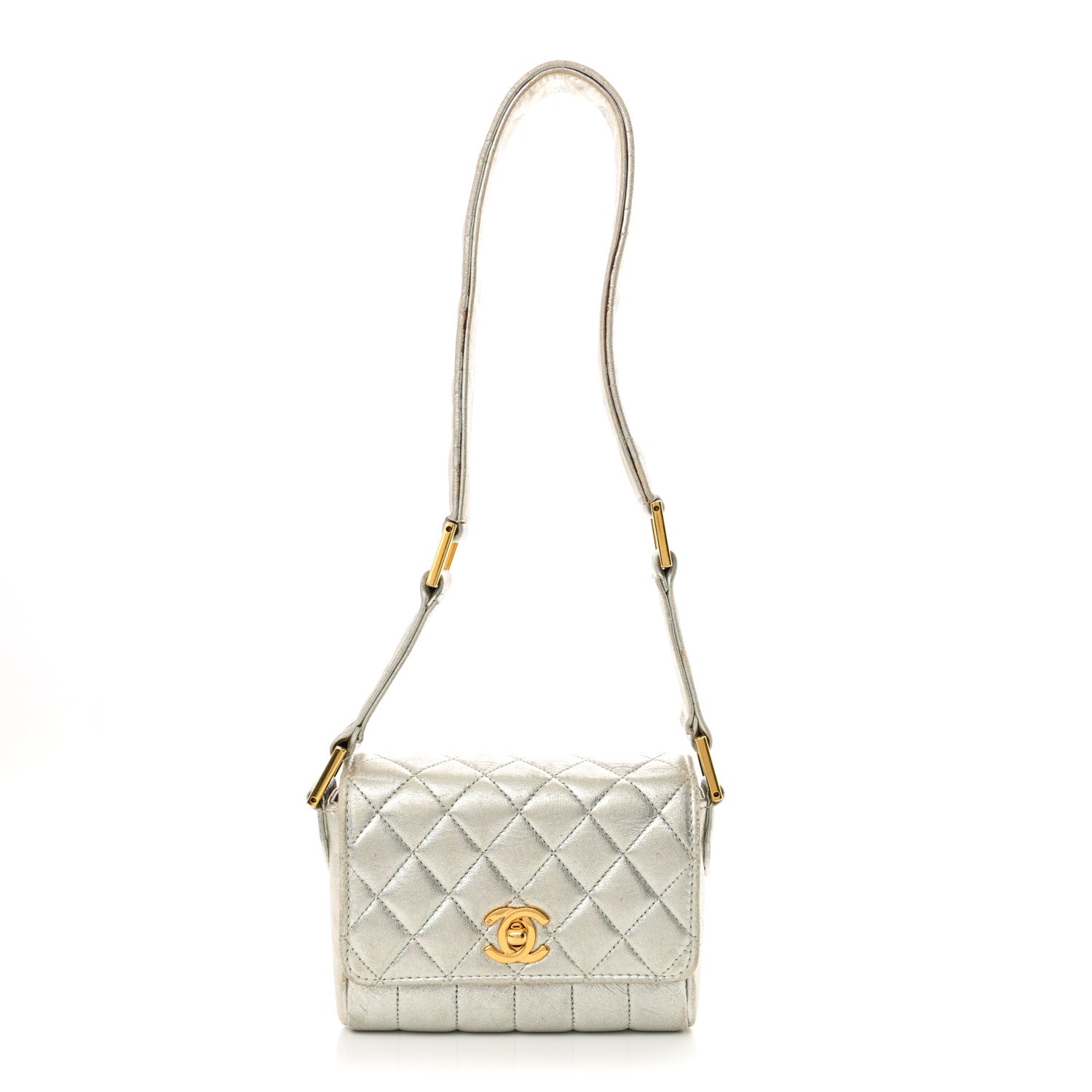 Metallic Goatskin Quilted Square Flap Shoulder Bag Silver
