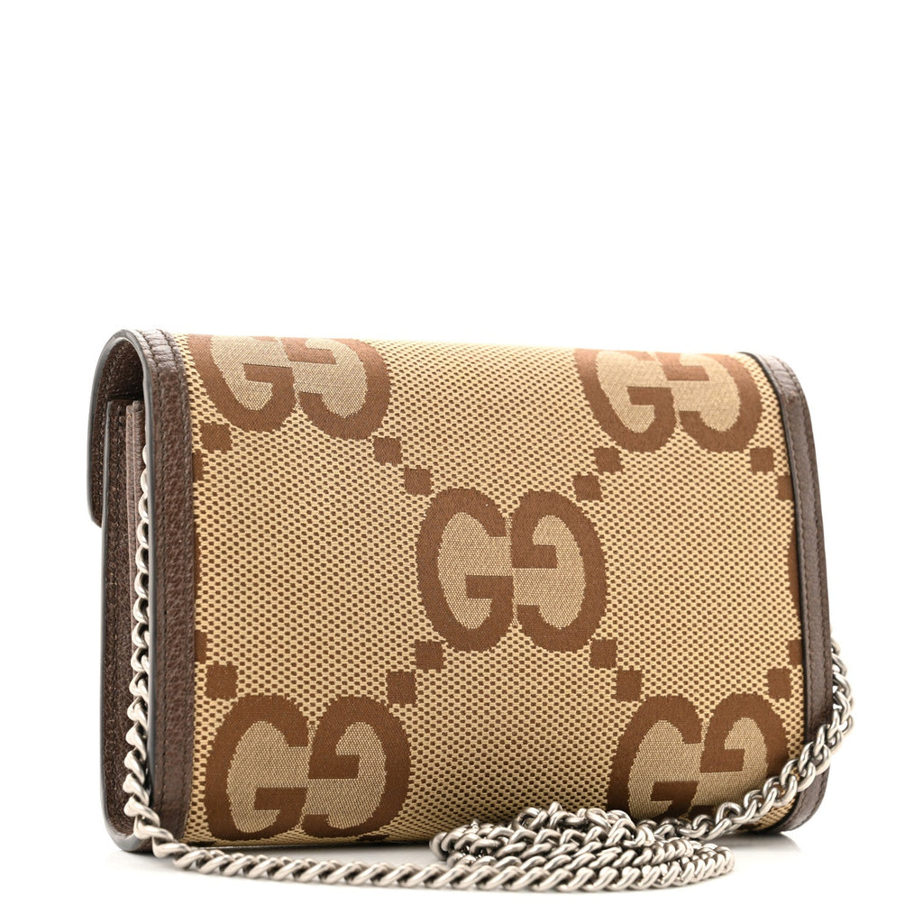 Monogram Jumbo GG Textured Dollar Calfskin Mini Dionysus Chain Wallet Camel Ebony New Acero
