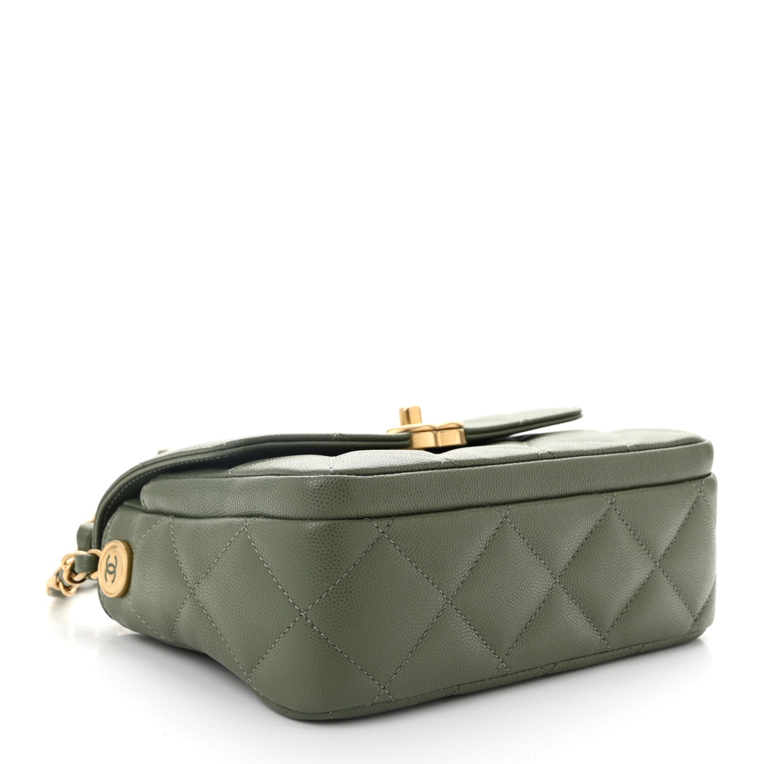 Shiny Caviar Quilted Mini Flap Khaki