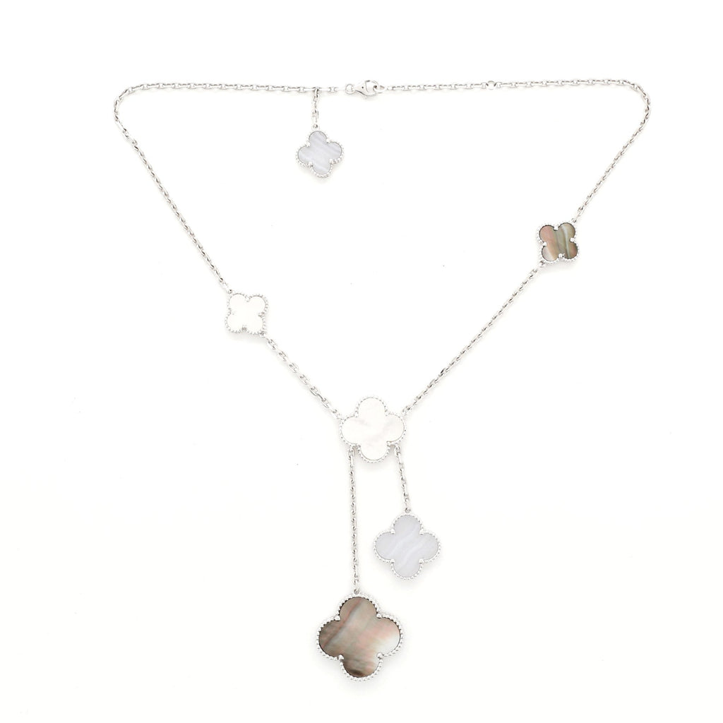 Magic Alhambra 6 Motif MOP Chalcedony Necklace 18K White Gold