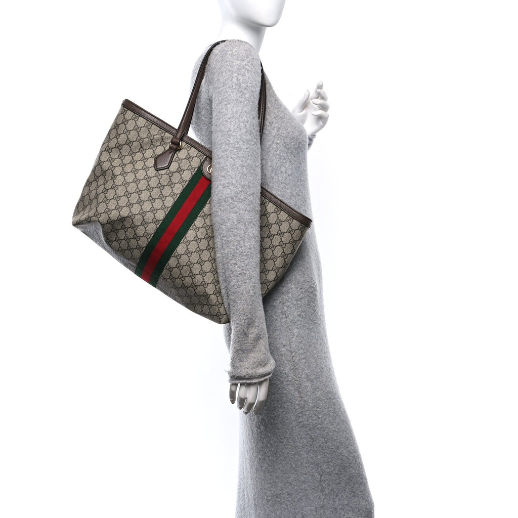 GG Supreme Monogram Textured Calfskin Web Medium Ophidia Shopping Tote Beige Ebony New Acero