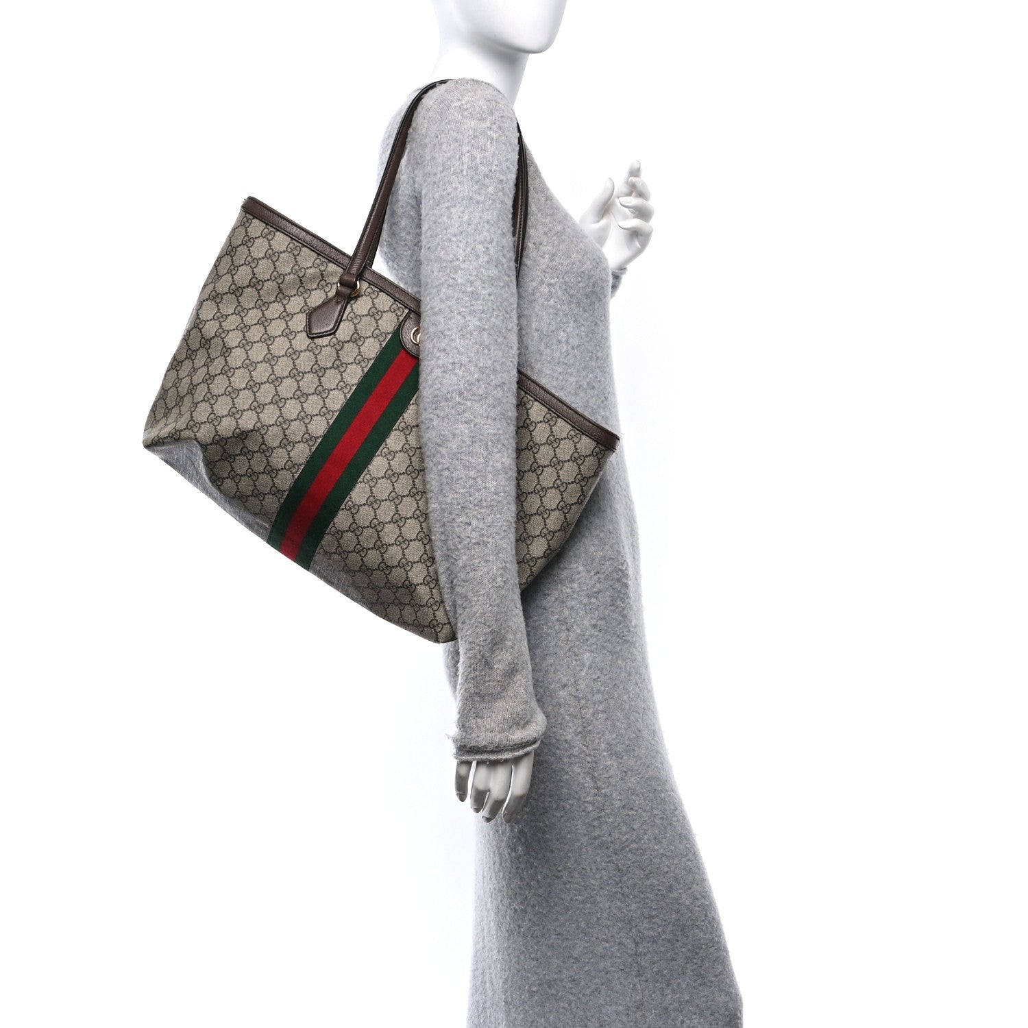 GG Supreme Monogram Textured Calfskin Web Medium Ophidia Shopping Tote Beige Ebony New Acero