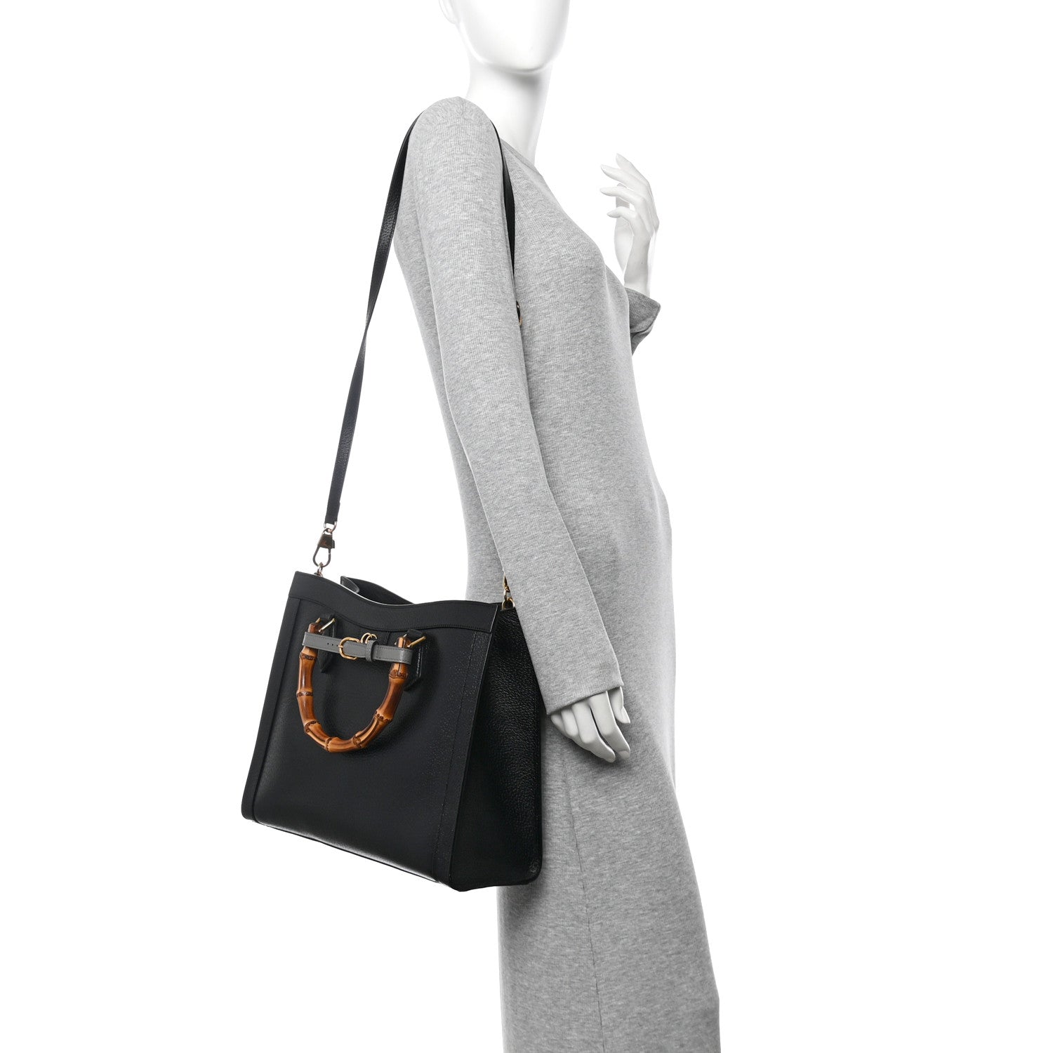 Textured Dollar Calfskin Web Medium Diana Tote Bag Black Dusty Grey