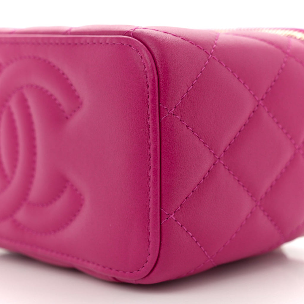 Lambskin Quilted Small Pearl Crush Vanity Case With Chain Fuchsia