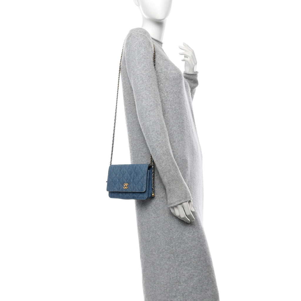 Denim Quilted CC Pearl Crush Wallet on Chain WOC Blue