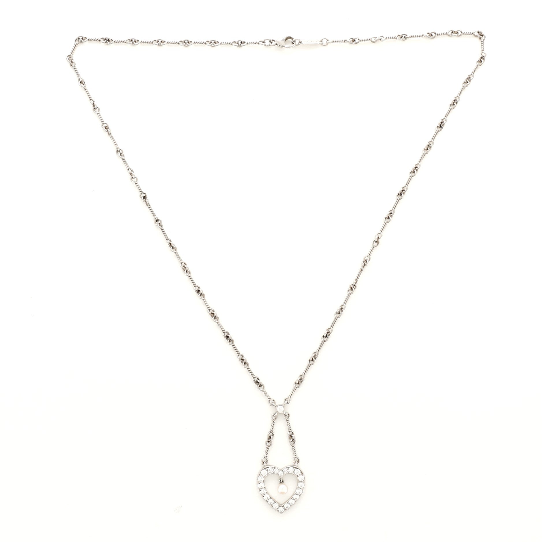 Heart Pendant Necklace Platinum with Diamonds and Pearl