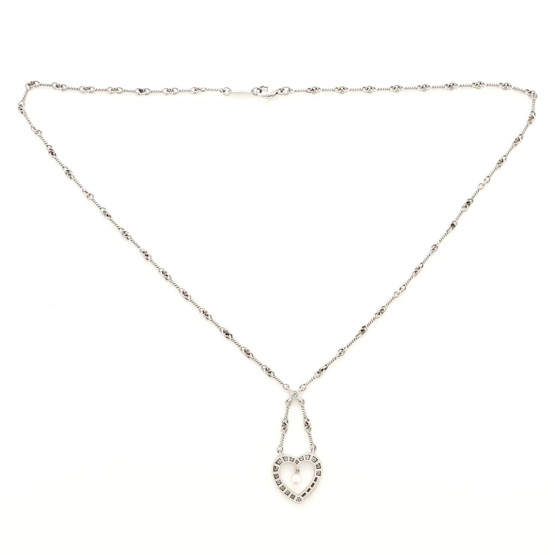 Heart Pendant Necklace Platinum with Diamonds and Pearl