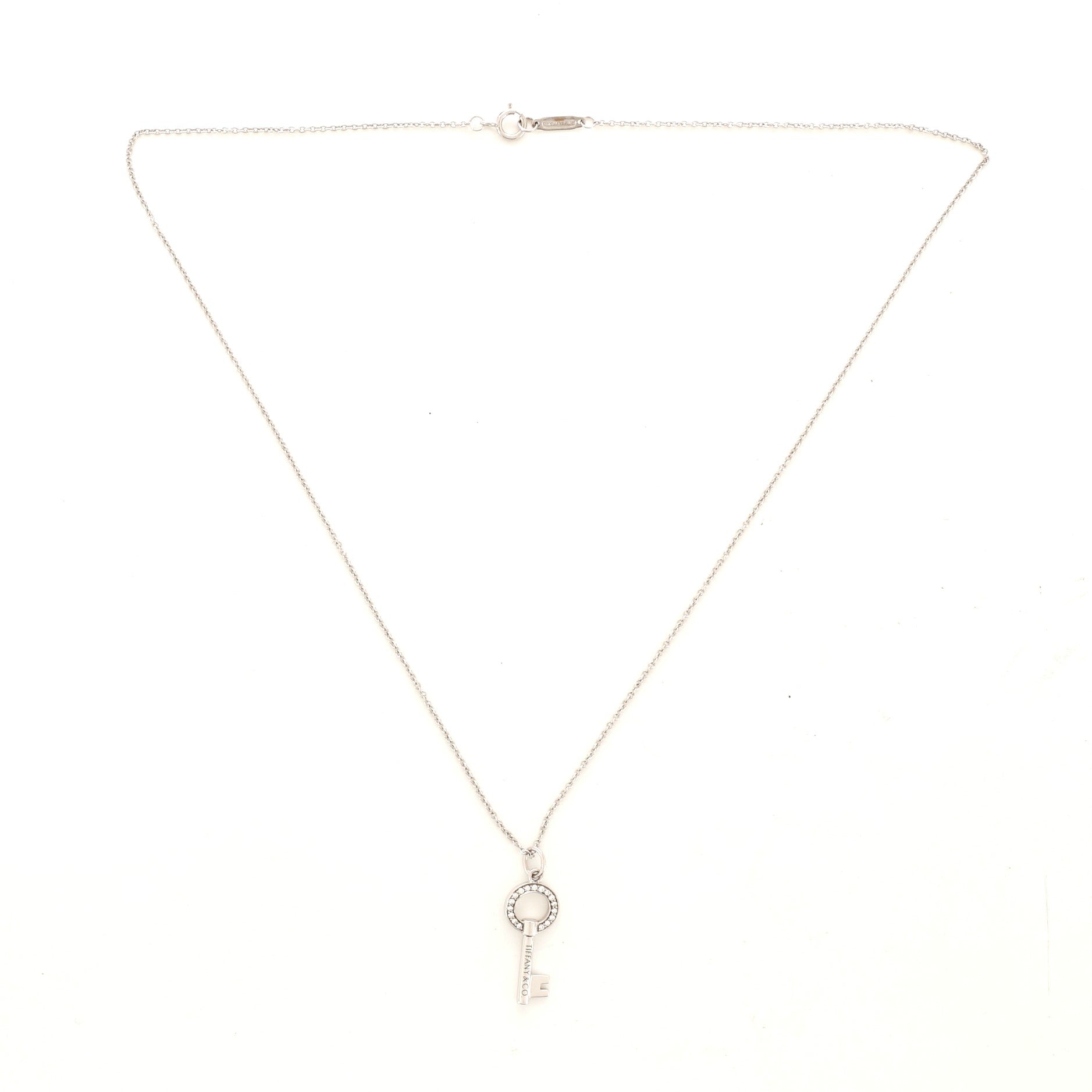 Modern Open Round Key Pendant Necklace 18K White Gold with Diamonds