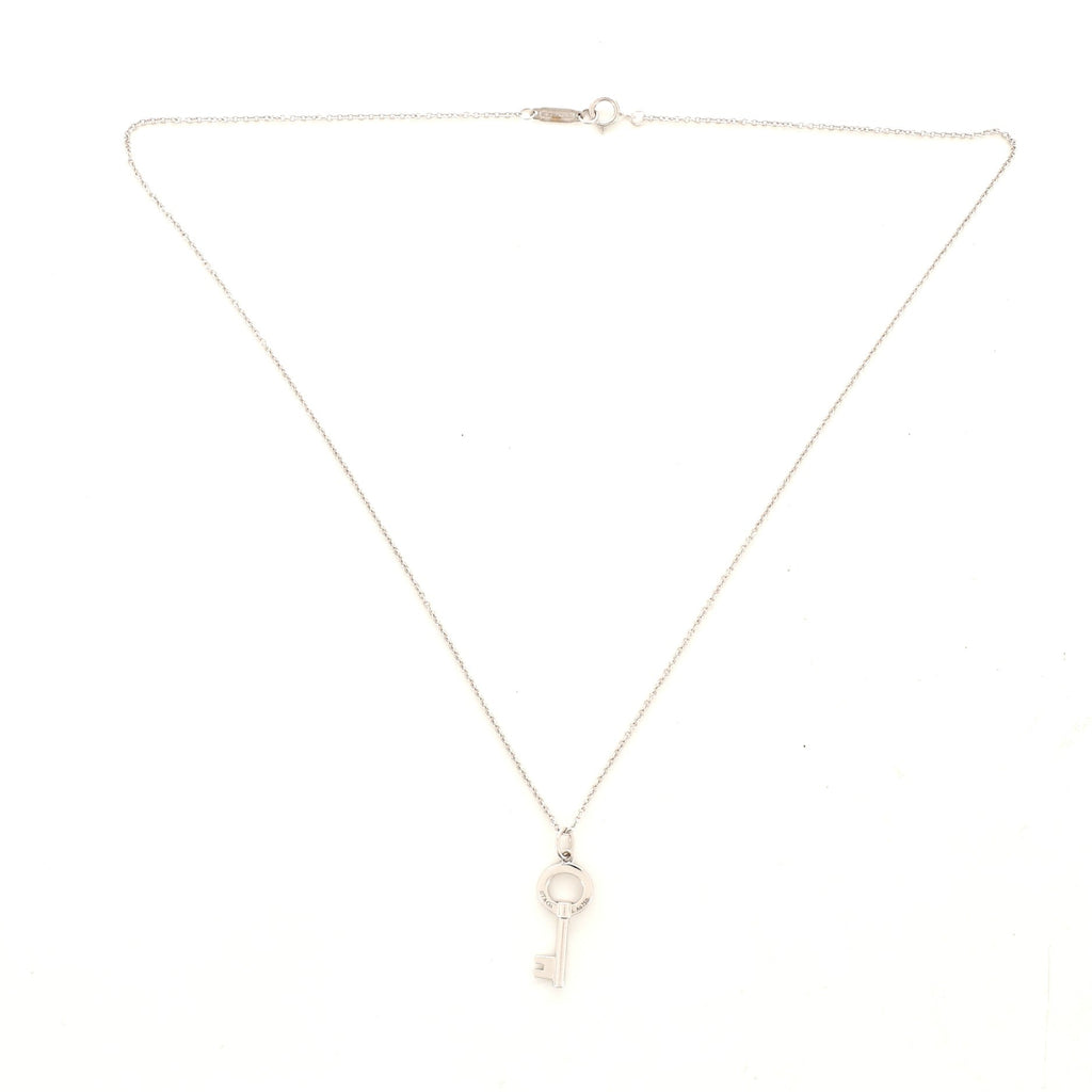 Modern Open Round Key Pendant Necklace 18K White Gold with Diamonds