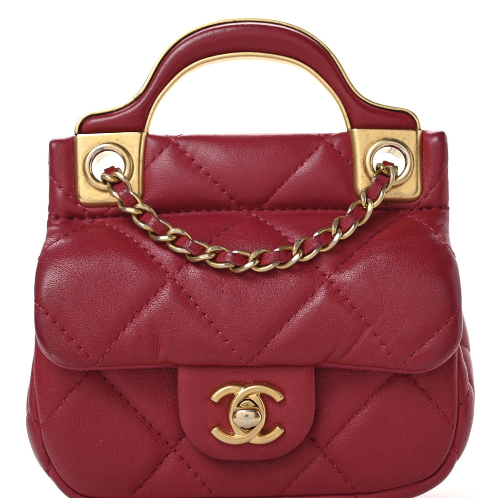 Calfskin Quilted Lady Handle Flap  Holder With Chain Dark Pink