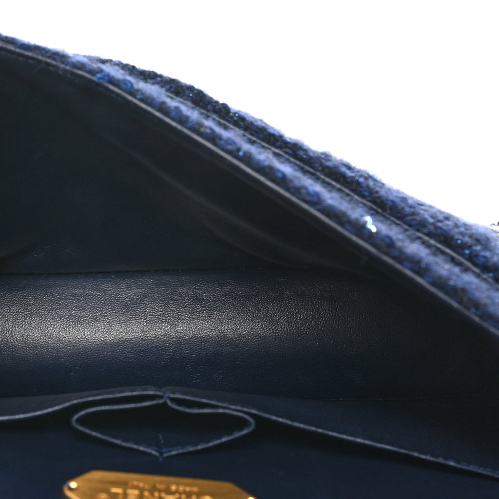 Tweed Sequin Timeless Classic Chained Double Flap Navy Blue