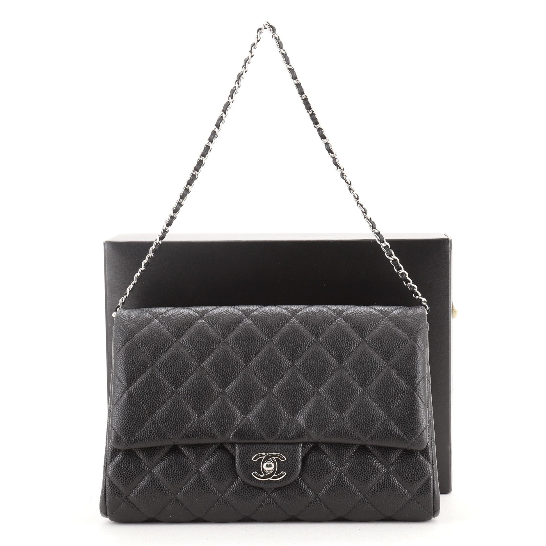 Clutch with Chain Quilted Caviar