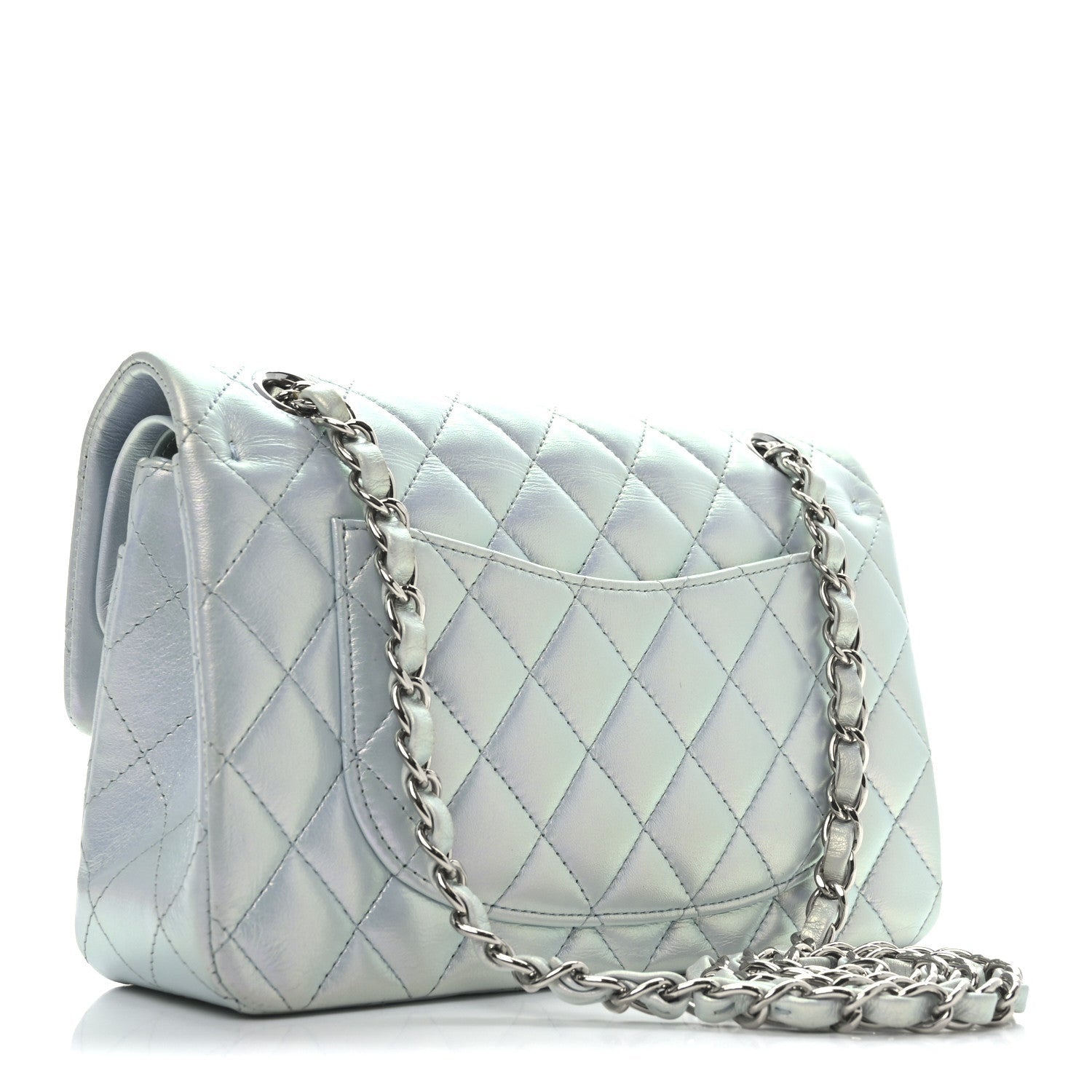 Iridescent Calfskin Quilted Small Double Flap Light Blue