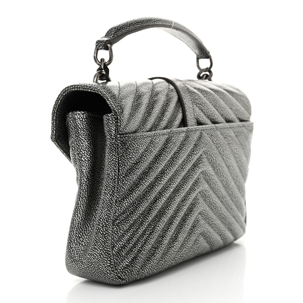 Metallic Grain De Poudre Matelasse Chevron Monogram Medium College Bag Gunmetal