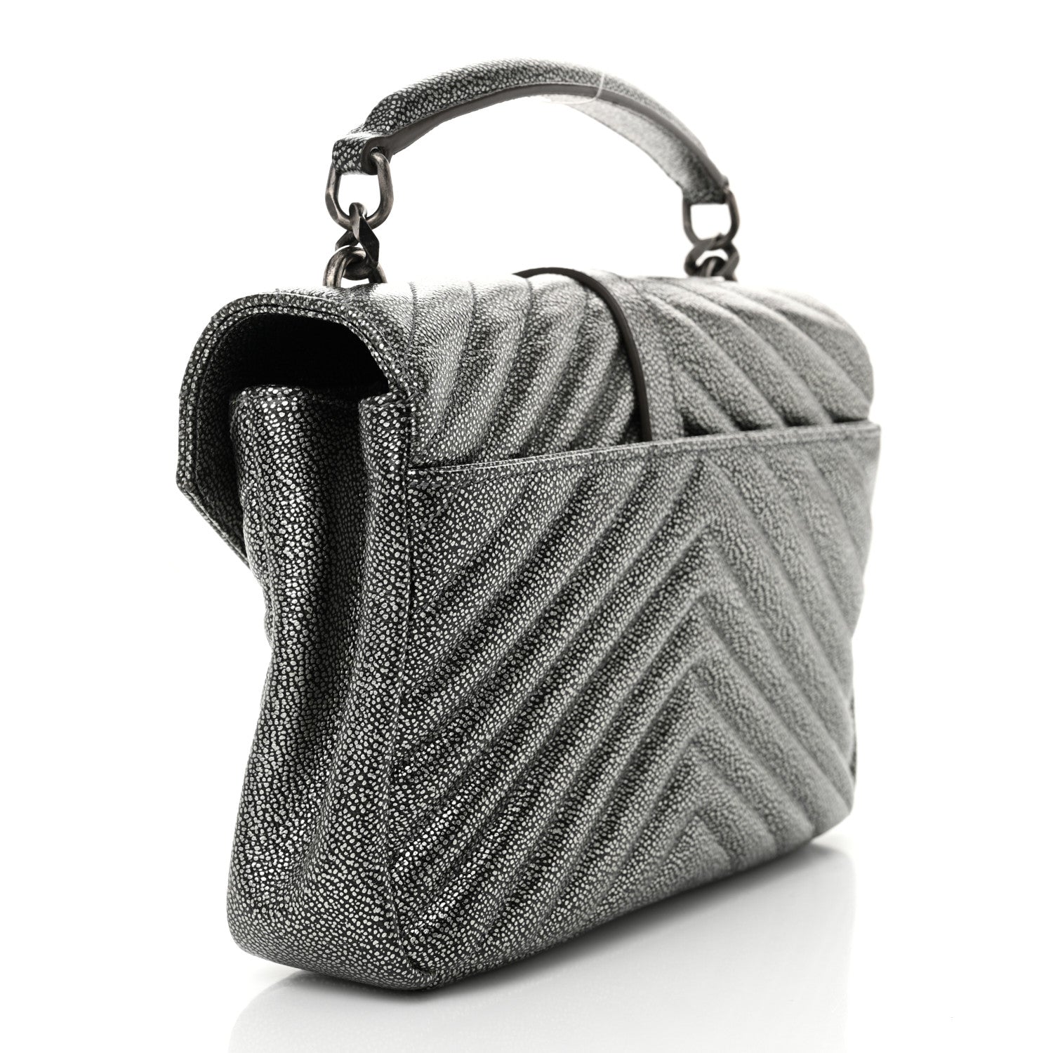 Metallic Grain De Poudre Matelasse Chevron Monogram Medium College Bag Gunmetal