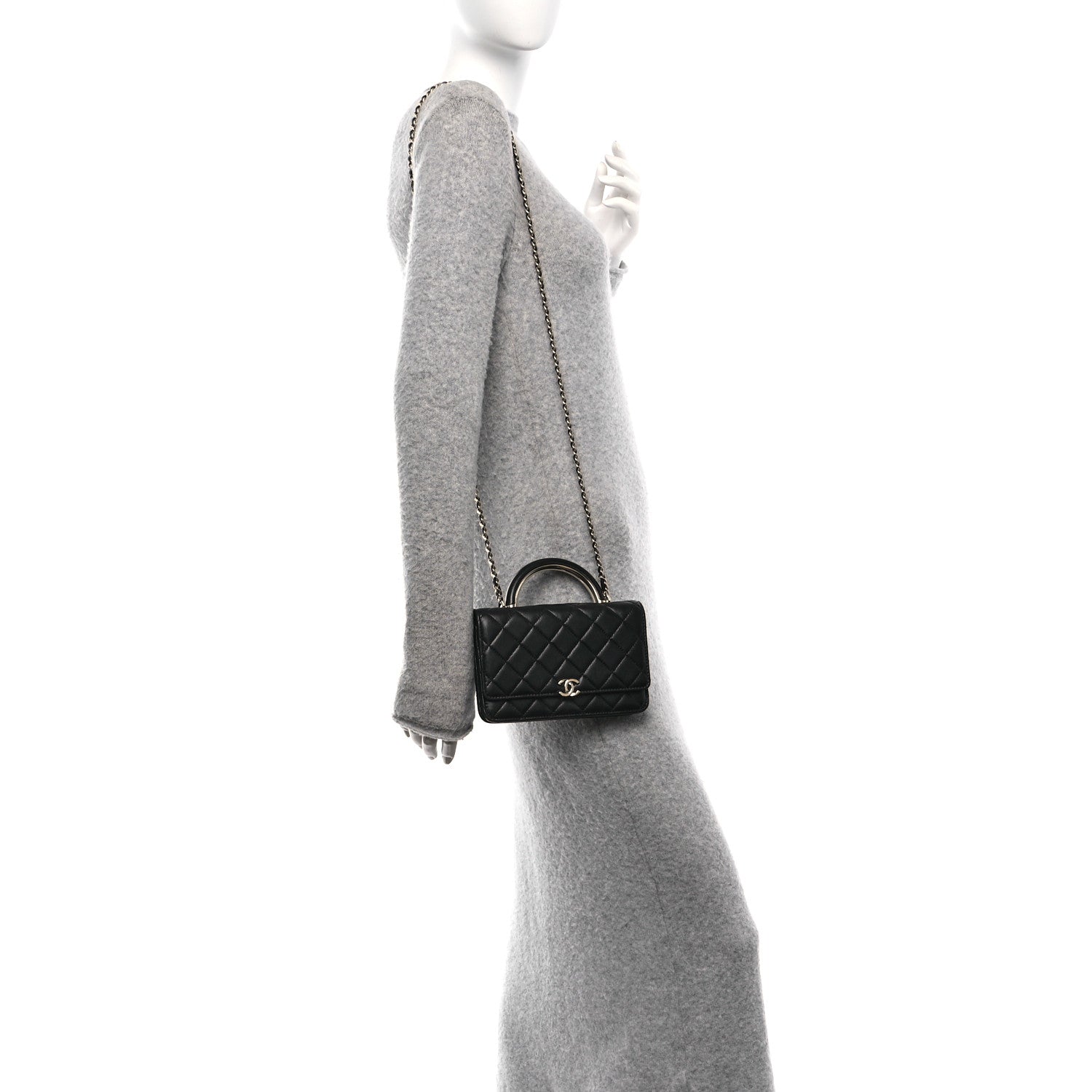 Lambskin Quilted Top Handle Wallet On Chain WOC Black