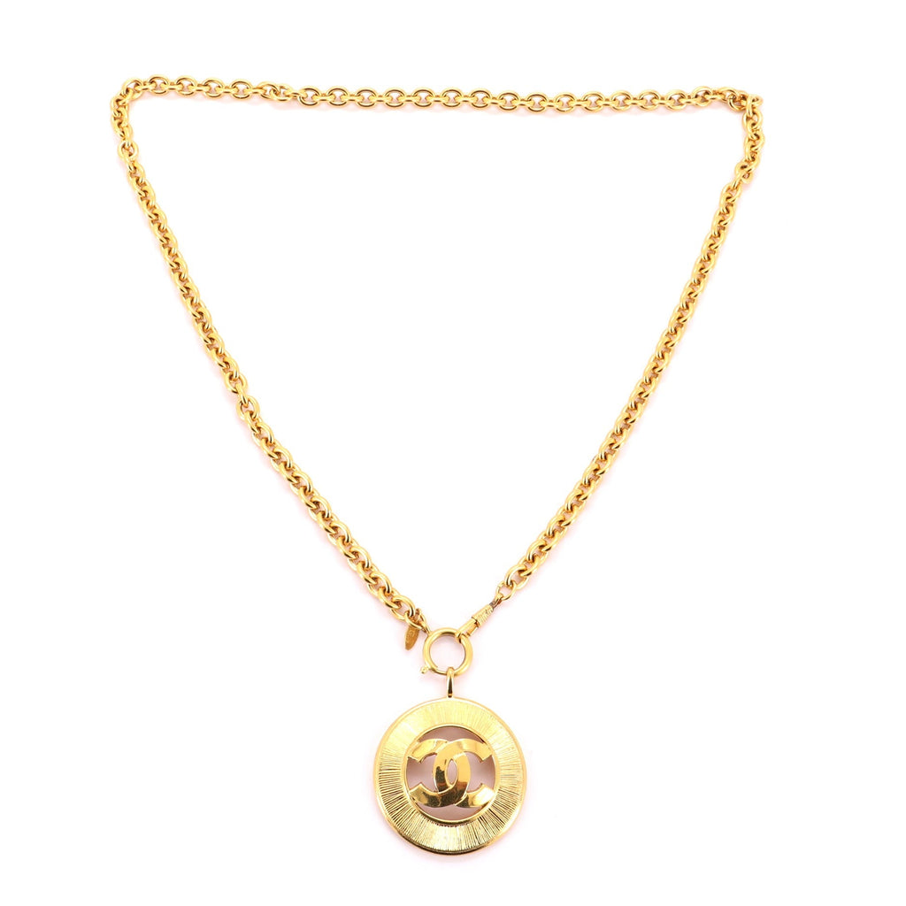 Vintage CC Round Pendant Long Necklace Metal