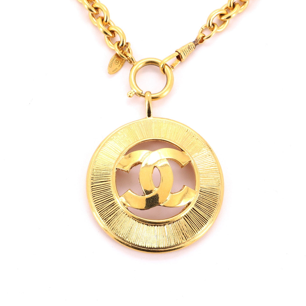 Vintage CC Round Pendant Long Necklace Metal