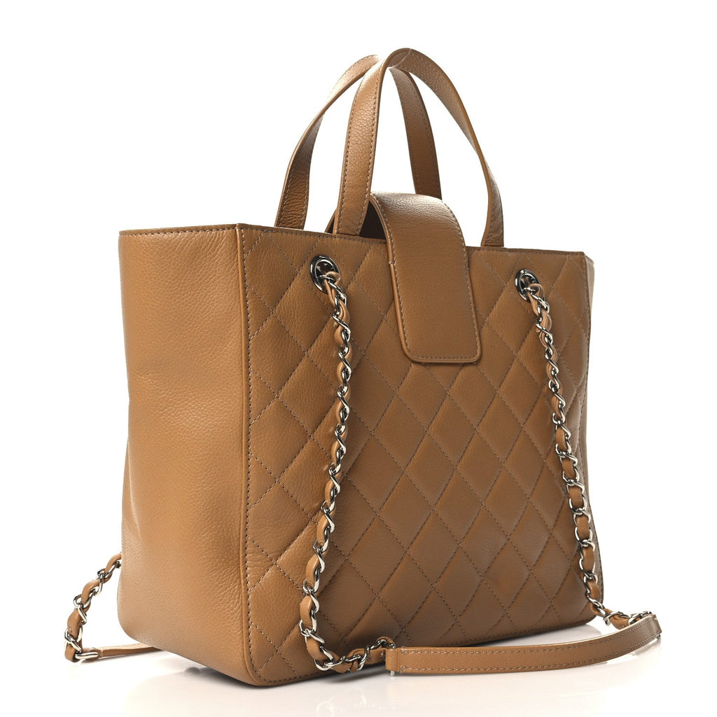 Caviar Quilted Small CC Box Shopping Tote Camel