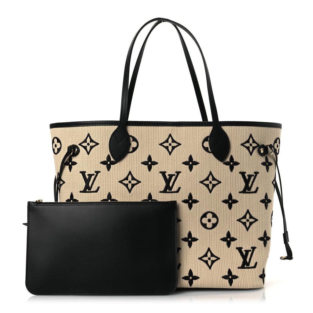 Cotton Monogram Embroidered Neverfull MM Beige Black