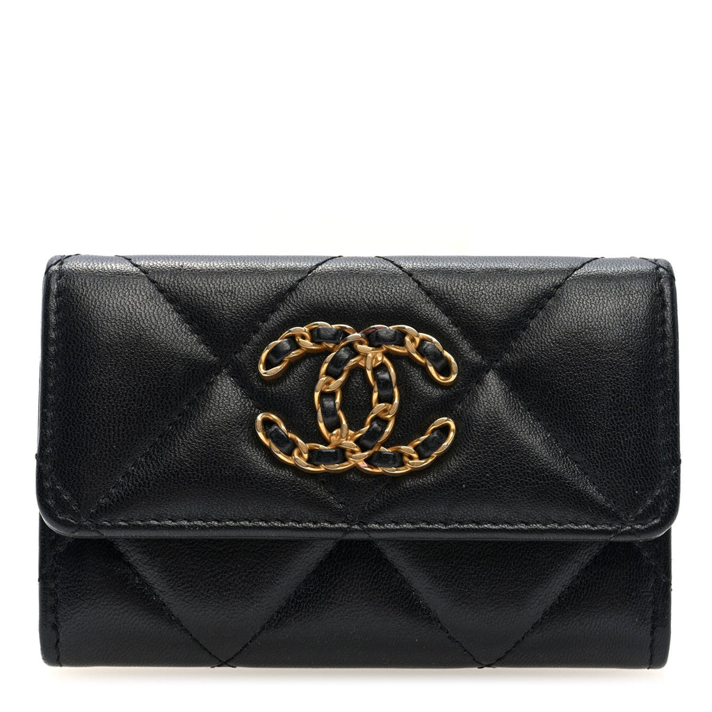 Lambskin Quilted Chanel 19 Flap  Holder Black