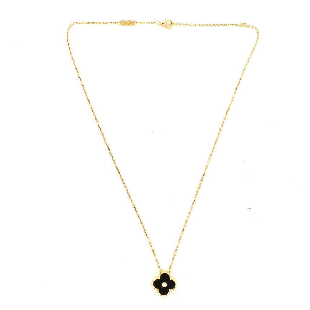Vintage Alhambra Pendant Necklace 18K Yellow Gold, Onyx and Diamond