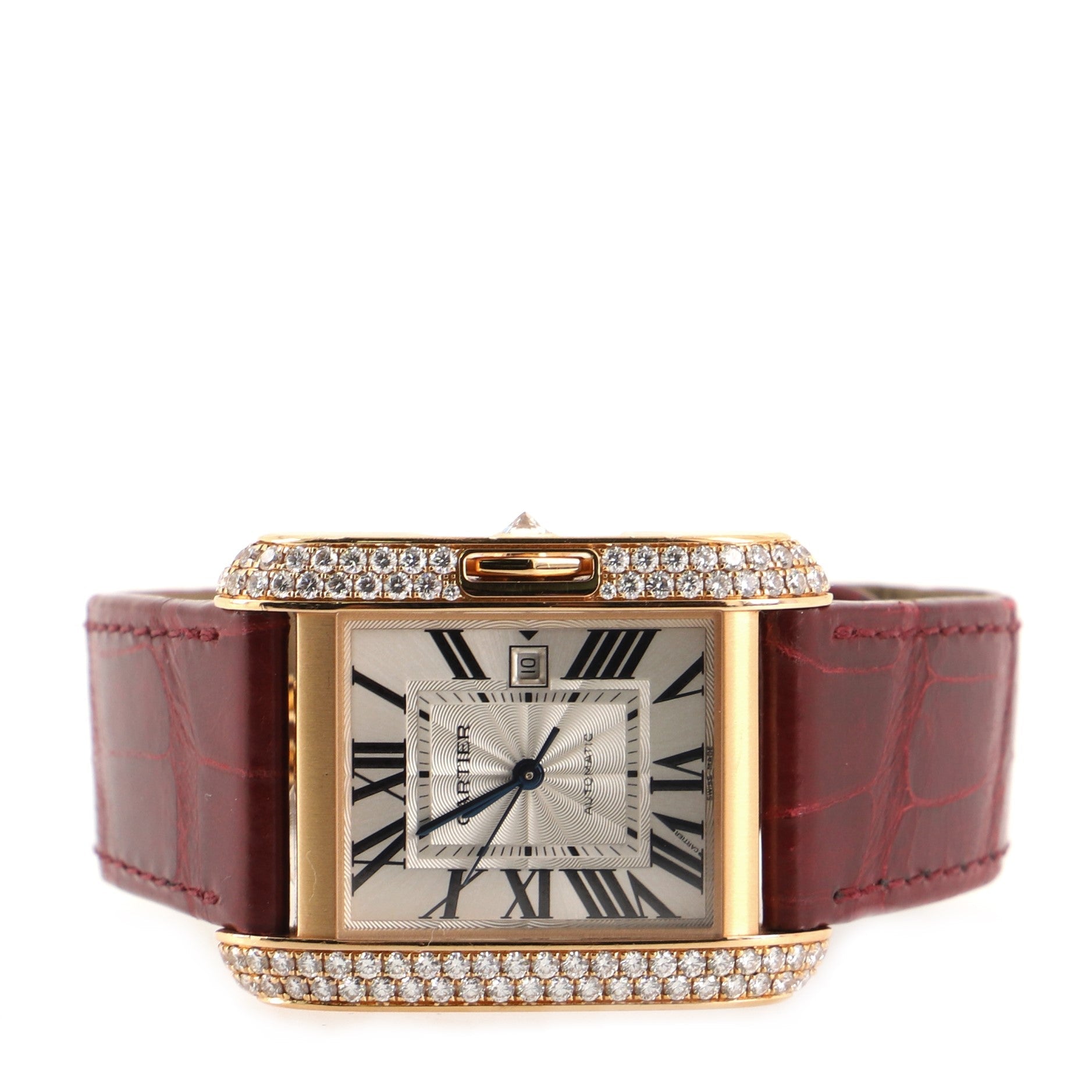Tank Anglaise Automatic Watch Rose Gold and Alligator with Diamonds 30