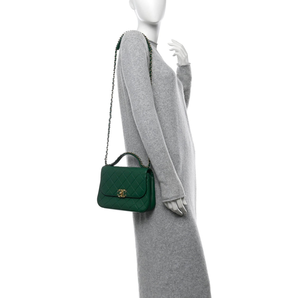 Lambskin Quilted Chain Infinity Top Handle Flap Green