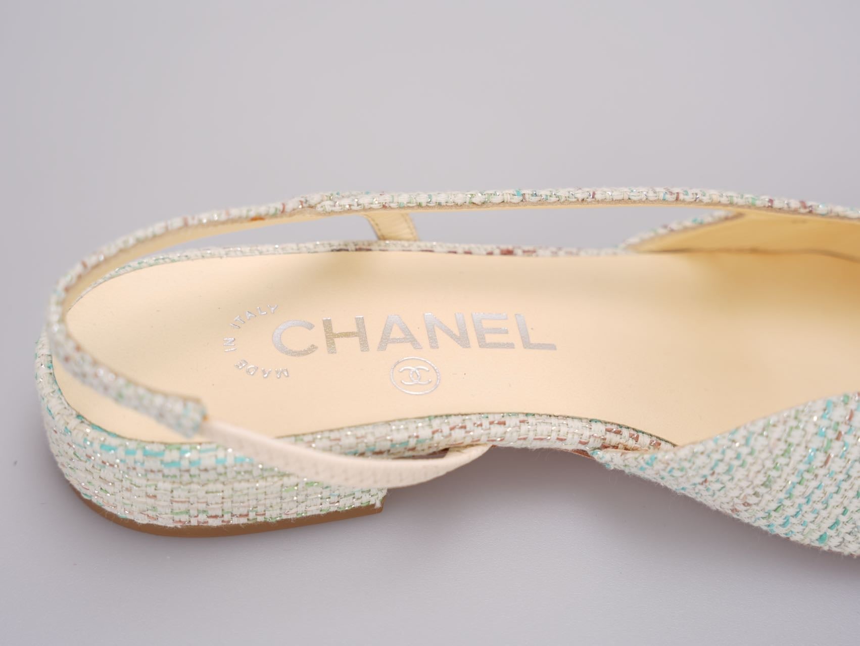 Chanel Light Green Tweed Slingback Patent Cap Toe Ballerinas 36