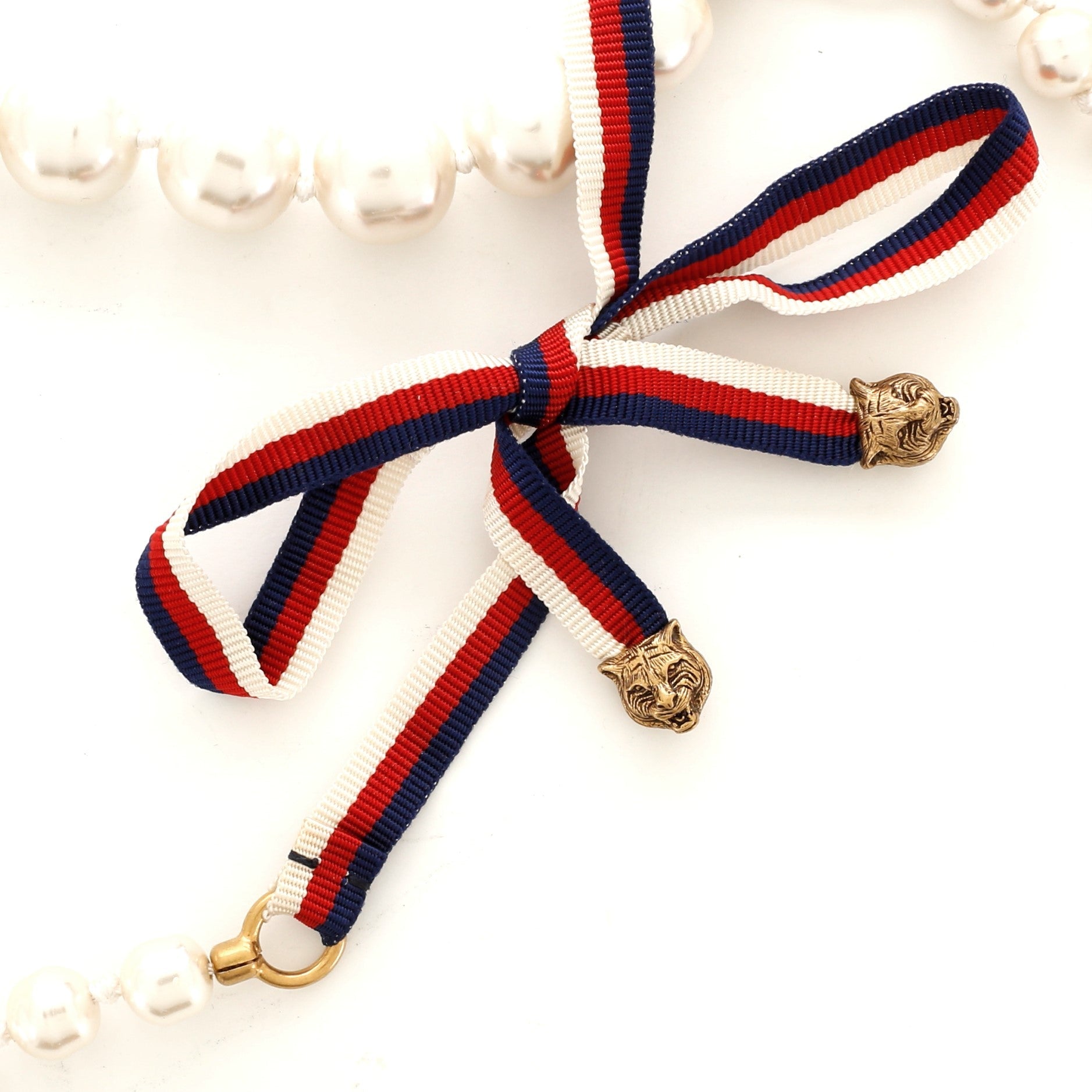 Sylvie Web Short Necklace Faux Pearls and Grosgrain