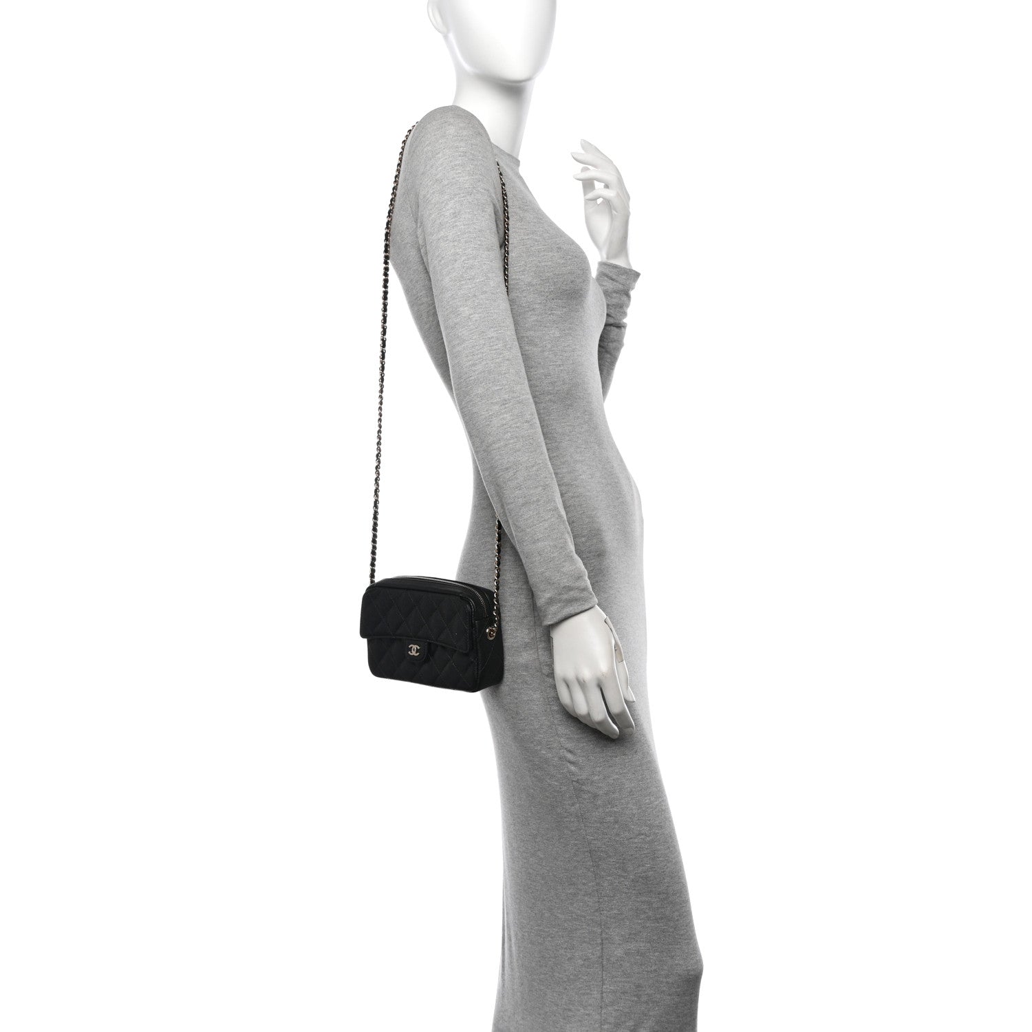 Caviar Quilted Mini Zip Clutch With Chain Black