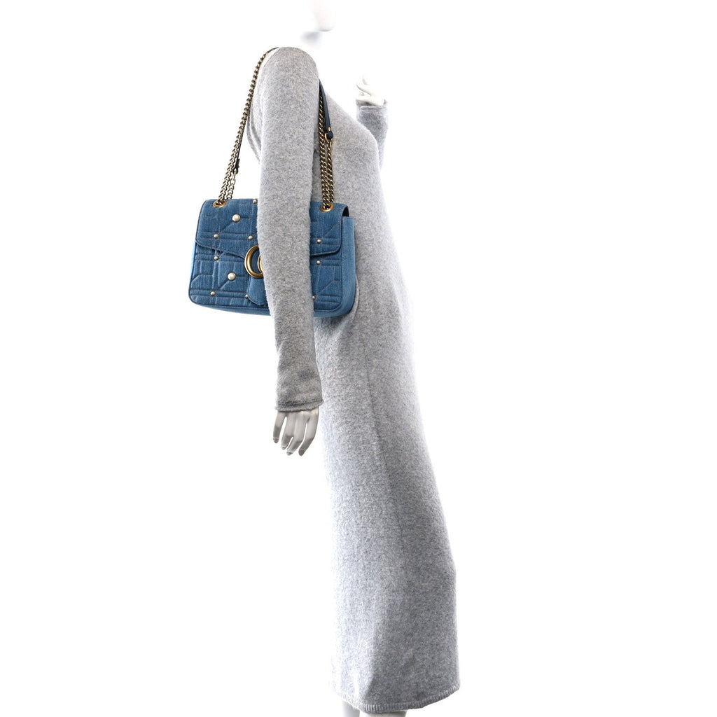 Kura Denim Matelasse Cubic Pearl Studded Medium GG Marmont Shoulder Bag Blue